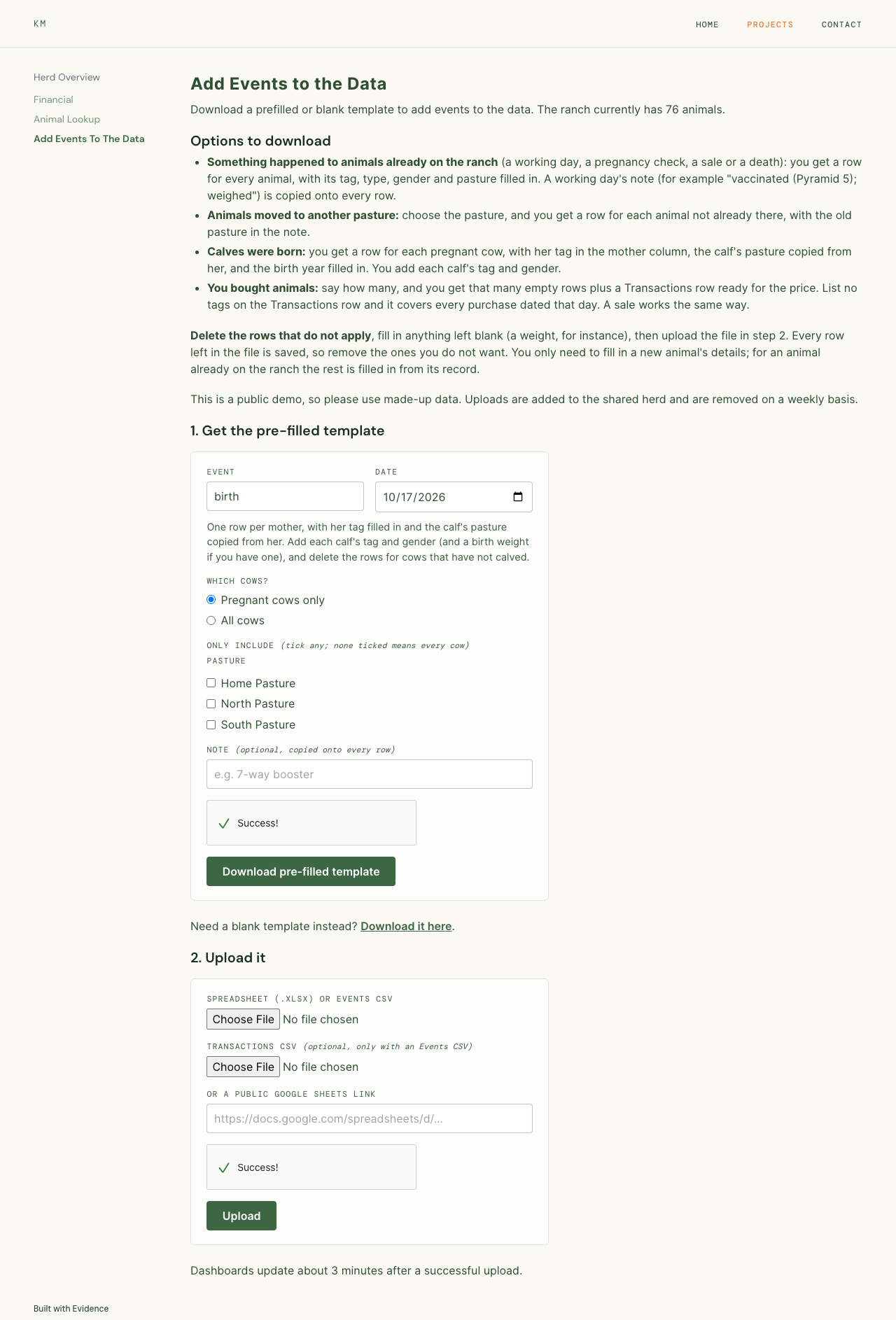The Add Events to the Data page with the birth template chosen: a form with an event, a date and filters, and the upload form below it